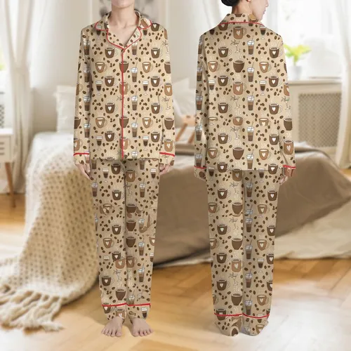 Women's Whimsical Coffee Cup & Martini Glass Pattern in Warm Beige, Brown & White Satin Pajamas Set