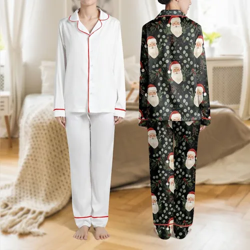 Women's Vintage Santa Busts Lush Holly Pine Berries Eucalyptus Charcoal Black Pattern Satin Pajamas Set