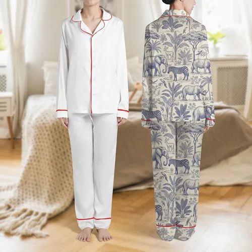 Women's Vintage Toile African Safari Engraving Wildlife Elephants Zebras Indigo Cream Satin Pajamas Set
