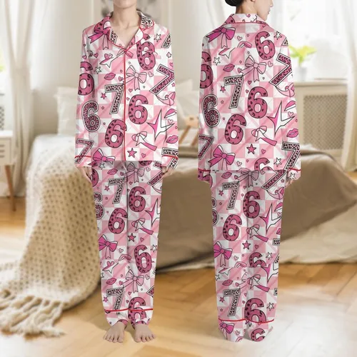 Trendy Coquette Style Fans' Hot Pink Fuchsia 6 7 Number Leopard Print Bow Heart Checkerboard Festive Graphic Satin Pajamas Set