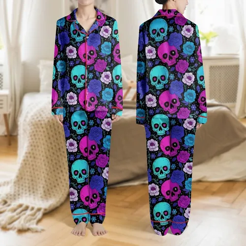 Women's Illustrative Gothic Ombre Skull Dark Floral Rose Aqua Purple Pink Pattern Satin Pajamas Set