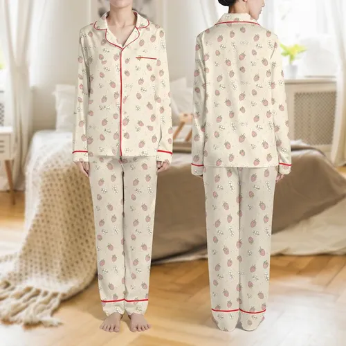 Women's Gentle Illustrative Pastel Pink Strawberry Blossom Cream Pattern Satin Pajamas Set