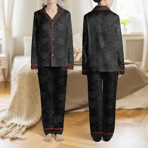Women's Sophisticated Deep Black Charcoal Brown Bronze Ornate Floral Lace Scrollwork Satin Pajamas Set