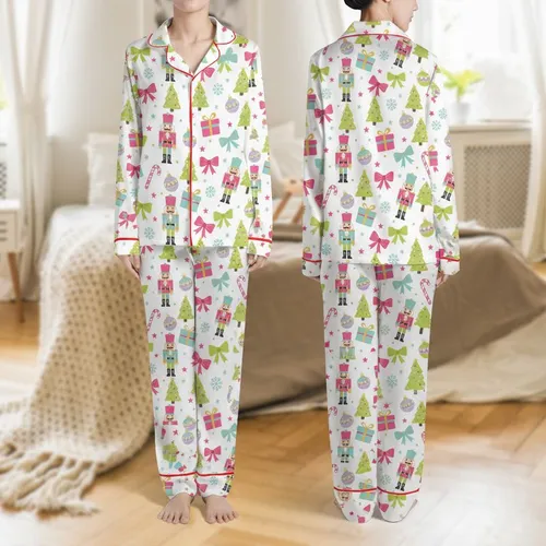 Women's Whimsical Nutcracker, Tree, & Candy Cane Pattern Fuchsia Pink, Aqua Blue, Lime Green Satin Pajamas Set