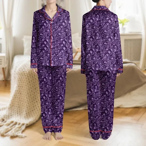 Women's Elegant Deep Purple Lavender Abstract Organic Swirl Botanical Pattern Satin Pajamas Set