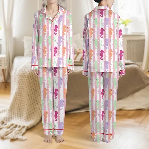 Women's Whimsical Cartoon Seahorse & Candy Stripe Pattern with Pastel Green, Fuchsia, Purple, Orange Satin Pajamas Set