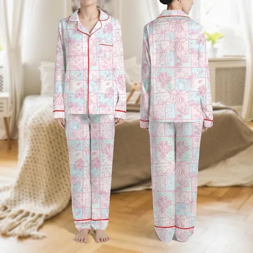 Women's Whimsical Pastel Pink Blue Rose Bow Seashell Gingham Polka Dot Storybook Pattern Satin Pajamas Set