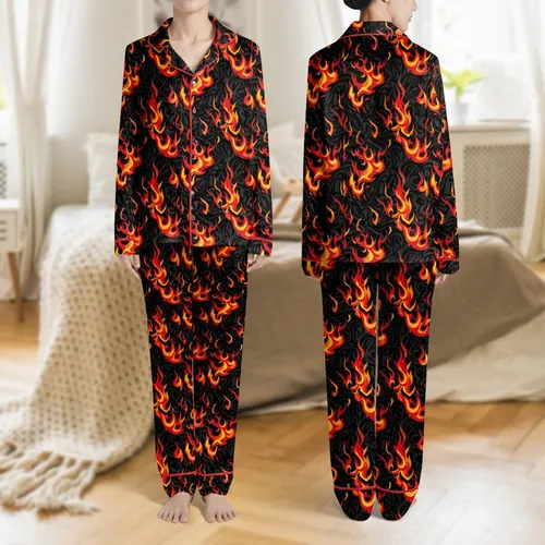 Women's Illustrative Vibrant Fiery Orange Red Yellow Swirling Flames on Deep Black Plush Abstract Satin Pajamas Set