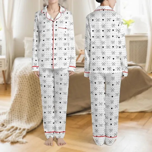 Women's Crisp White Black Polka Dot Delicate Bow Heart Graphic Satin Pajamas Set