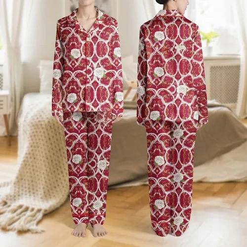 Women's Crimson Ruby Red Baroque Floral Lace Rose Pearl Gold Filigree Design Satin Pajamas Set