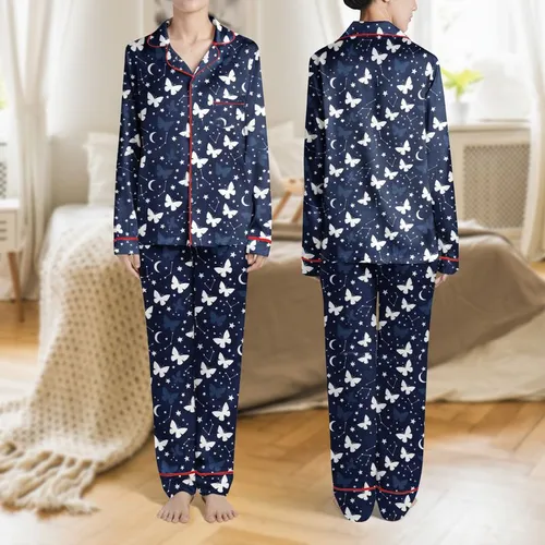 Women's Deep Navy Celestial Whimsical Butterfly Star Constellation Print Satin Pajamas Set