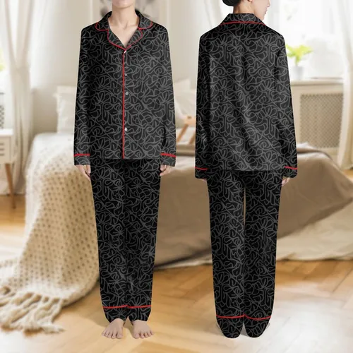 Women's Minimalist Abstract Organic Line Pattern Monochromatic Black Charcoal Gray Tone-on-Tone Vector Art Satin Pajamas Set