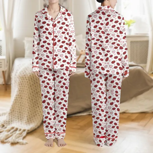 Women's Vivid Dark Red & Pastel Pink Cartoon Lips Hearts Kiss Marks Scattered Pattern Satin Pajamas Set
