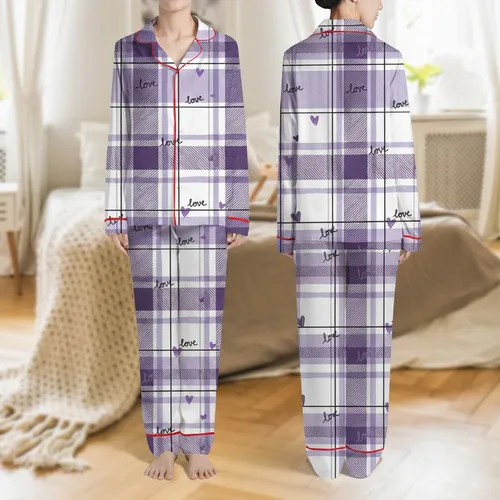 Women's Violet Charcoal Lavender Tartan Plaid Hand-Drawn Hearts Whimsical Love Script Satin Pajamas Set