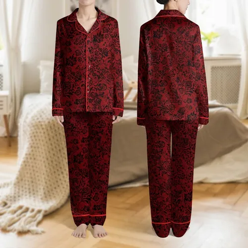 Women's Deep Crimson Red Black Intricate Seamless Floral Lace Leafy Motif Pattern Satin Pajamas Set