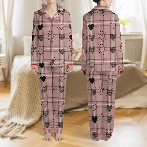 Women's Dusty Rose Pink Black White Plaid Graphic Hand-Drawn Love Hearts Pattern Satin Pajamas Set