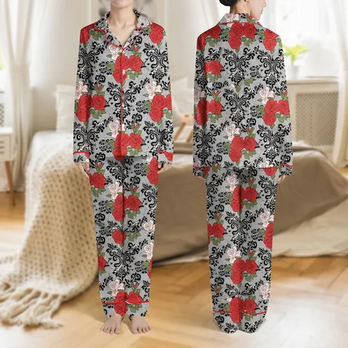 Women's Romantic Black Lace Crimson Rose White Pearl Gold Filigree Tapestry Satin Pajamas Set