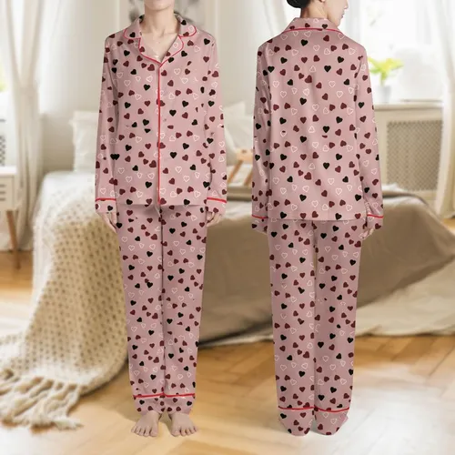 Women's Dusty Rose Pink Black Maroon White Mixed Heart Art Pattern Satin Pajamas Set