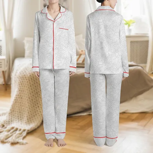 Women's Delicate White Floral Lace Intertwining Leaf Blossom on Heather Grey Satin Pajamas Set