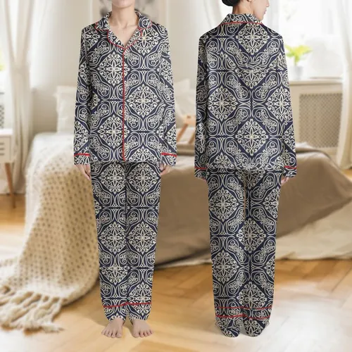 Women's Deep Navy Cream Beige Bohemian Ornamental Folk Art Paisley Satin Pajamas Set
