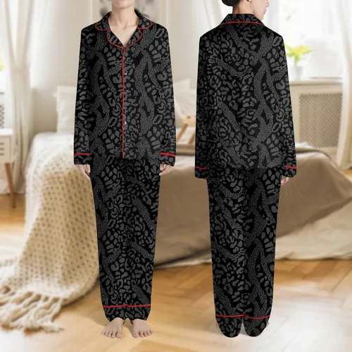 Women's Luxurious Deep Charcoal Black Abstract Leopard Serpentine Pattern Satin Pajamas Set