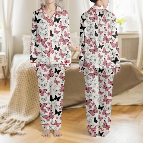 Women's Whimsical Hand-Drawn Pink Black White Outlined Fluttering Butterfly Pattern Cream Off-White Satin Pajamas Set