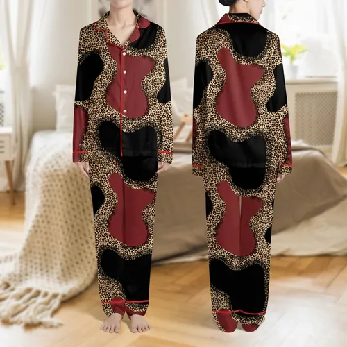 Women's Sophisticated Leopard, Deep Red & Matte Black with Intricate Scalloped Floral Lace Satin Pajamas Set