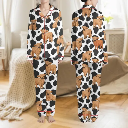 Women's Playful Fluffy Highland Calves Warm Caramel Brown & Black Cow Print Spots All-Over Satin Pajamas Set