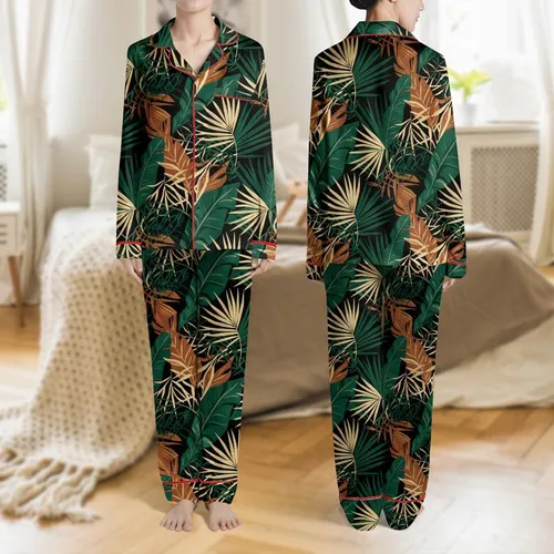 Women's Sophisticated Vintage Botanical Interwoven Tropical Leaves Emerald Gold Black Pattern Satin Pajamas Set