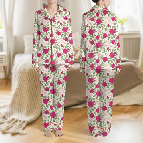 Women's Illustrative Fuchsia Deep Pink Rose & Green Leaf Pattern with Pastel Pink Bows on Cream Satin Pajamas Set