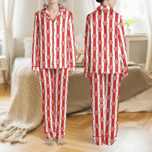 Women's Vivid Red White Vertical Stripes Peppermint Swirl Candy Pattern with Black Outline Details Satin Pajamas Set