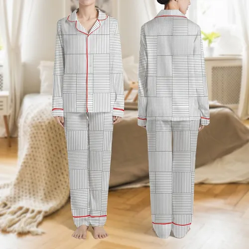 Women's Monochromatic Geometric Interlocking Stripe Grid Design Satin Pajamas Set