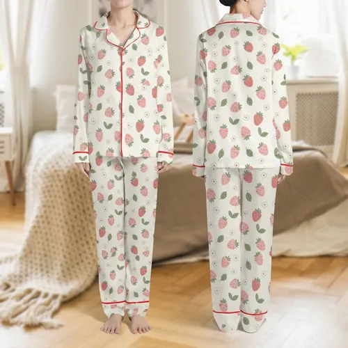 Women's Whimsical Pastel Pink Strawberry Blossom Creamy Off-White Botanical Pattern Satin Pajamas Set