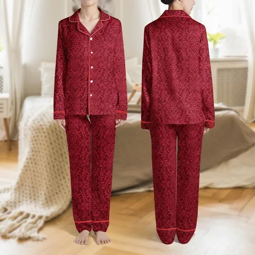 Women's Deep Cardinal Ruby Red Tone-on-Tone Abstract Animal Spot Curvilinear Pattern Satin Pajamas Set