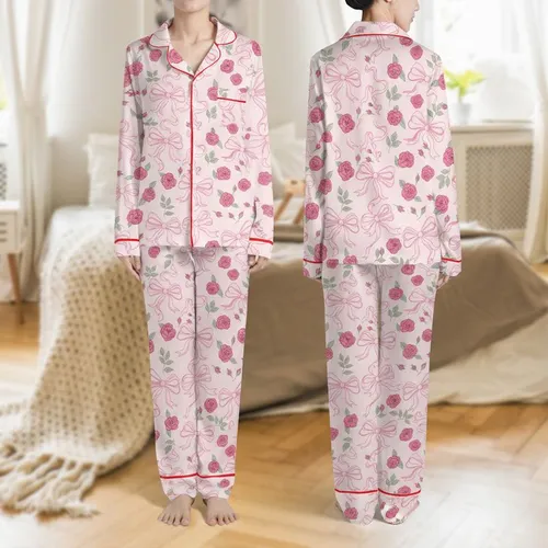 Women's Romantic Blush Pink Floral Bows, Fuchsia Roses & Sage Green Leaf Tapestry Pattern Satin Pajamas Set