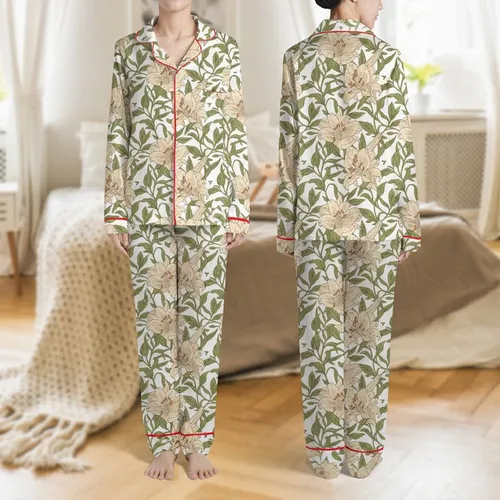 Women's Elegant Hand-Drawn Muted Beige Brown Lily & Dark Green Foliage Pattern Satin Pajamas Set