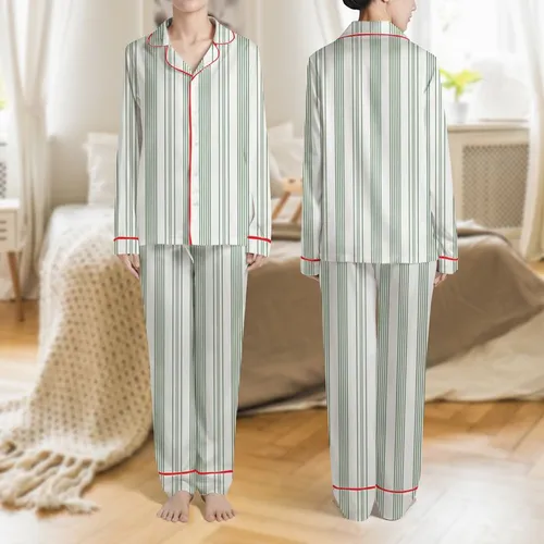 Women's Muted Dark Olive Green Triple Pinstripe Minimalist Pattern on White Satin Pajamas Set