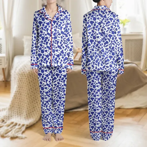 Women's Minimalist Royal Blue Fluid Organic Water Droplet & Leaf Pattern Satin Pajamas Set