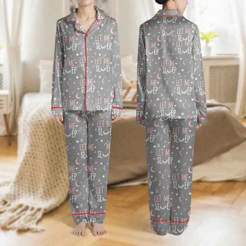 Comfort Lovers' Whimsical 'LET ME SLEEP' Phrase & Eye Icon Pattern, Pastel Pink & White Moons, Stars on Heather Gray Satin Pajamas Set