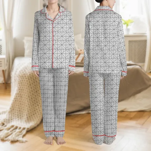 Women's Delicate Black Abstract Geometric Line Pattern on Light Silver Satin Pajamas Set