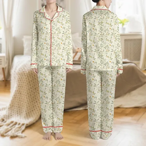 Women's Delicate Vintage Botanical Sage Olive Floral Intertwined Branches Golden Berries Satin Pajamas Set
