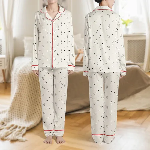 Women's Elegant Creamy Off-White Subtle Debossed Geometric Weave Black Polka Dots Scalloped Wavy Outlines Satin Pajamas Set