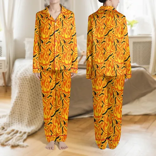Women's Vibrant Orange Yellow Stylized Graphic Flames Abstract Black Swirling Shapes Seamless Pattern Satin Pajamas Set