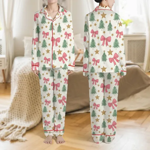 Women's Hand-Drawn Whimsical Spruce Green Christmas Trees Rose Pink Bows Golden Stars Creamy White Pattern Satin Pajamas Set