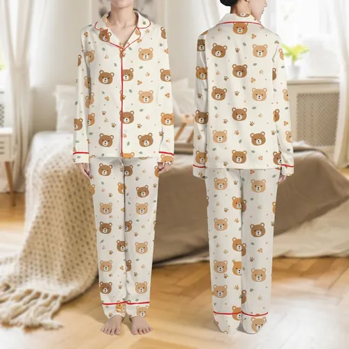 Women's Whimsical Teddy Bear Faces Paw Print Honeycomb Leaf Pattern Creamy Beige Warm Brown Sage Green Satin Pajamas Set