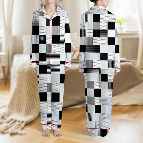 Women's Minimalist Graphic Interlocking Blocks White Black Blue-Grey Stripes Polka Dots Satin Pajamas Set