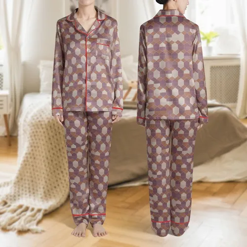 Women's Softly Rounded Interlocking Hexagonal Mosaic in Muted Plum Warm Brown Taupe Satin Pajamas Set