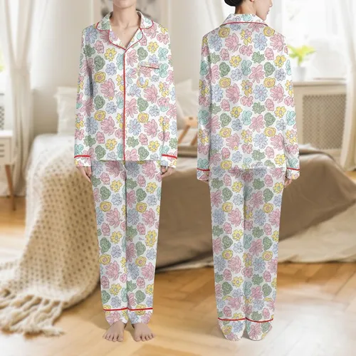 Women's Whimsical Hand-Drawn Abstract Floral Scatter in Pastel Pink Sage Lavender Blue Yellow on White Satin Pajamas Set