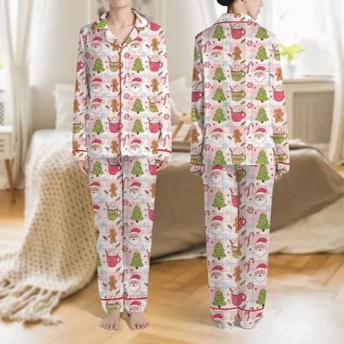 Women's Whimsical Pink Gingham Gingerbread Hot Cocoa Candy Cane Santa Snowflake Holiday Pattern Satin Pajamas Set
