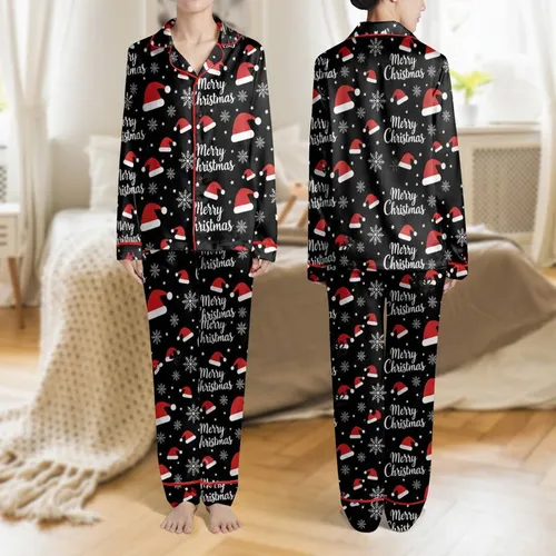 Women's All-Over Festive Merry Christmas Red Santa Hat White Snowflake Star Pattern Satin Pajamas Set